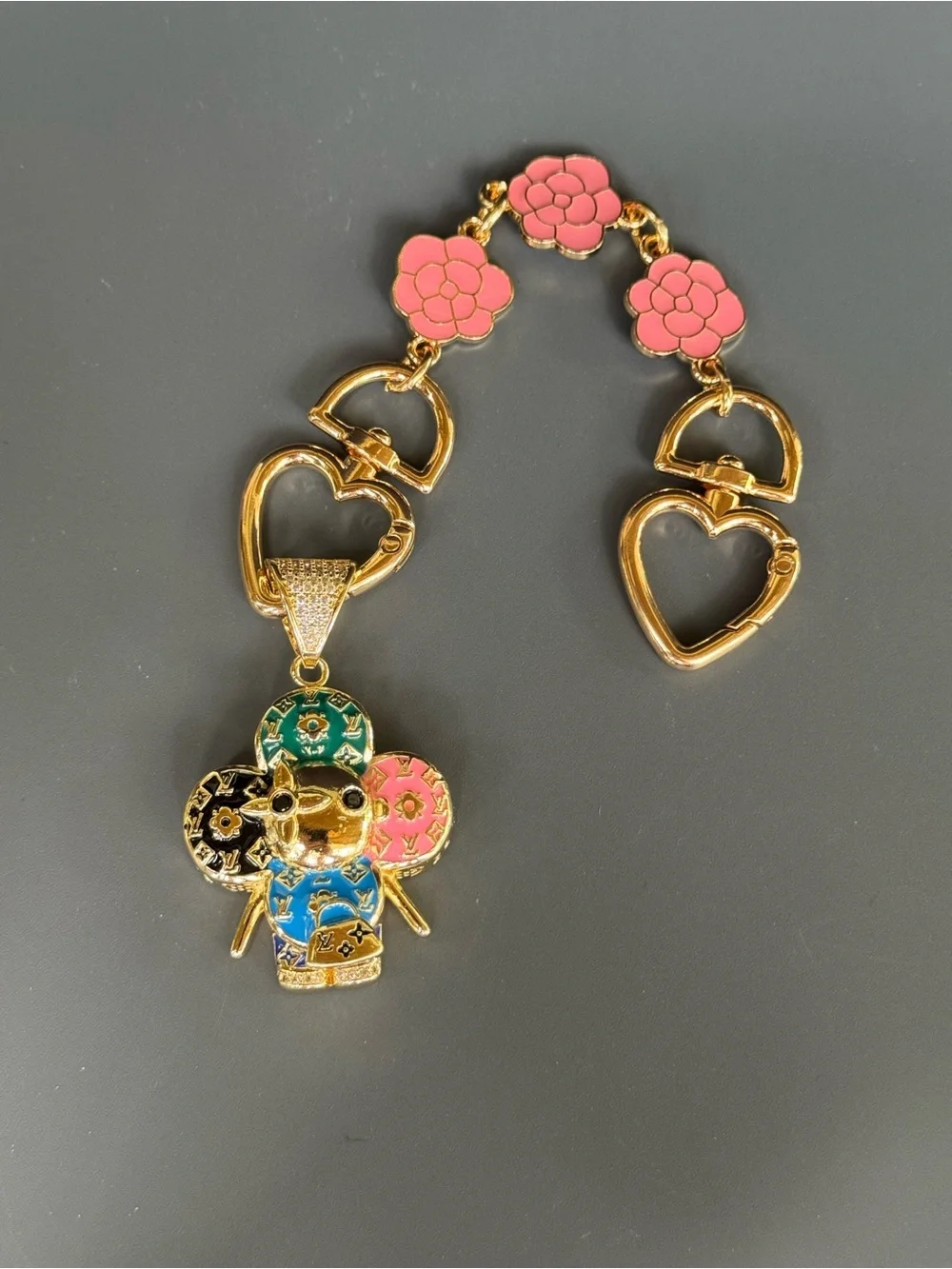 NWOT Gold Monogram Multicolor Mascot Bag Charm Extender Pink Camellia Key chain